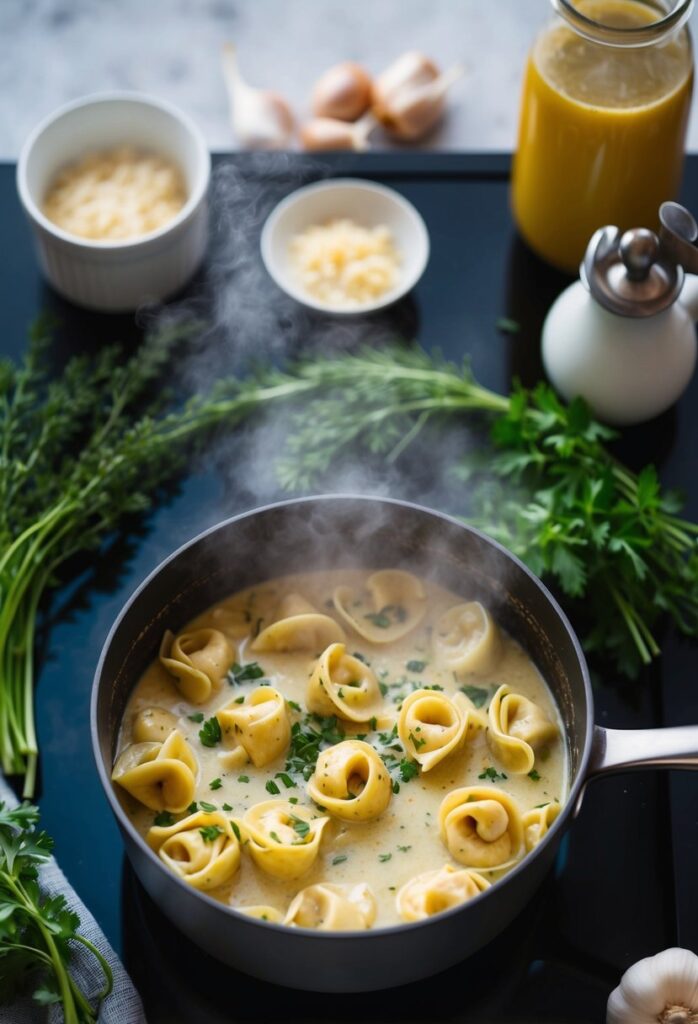 Steaming tortellini in creamy sauce in a pan, garnished with herbs. Surrounded by parsley, thyme, garlic, cheese, and broth on a black surface.