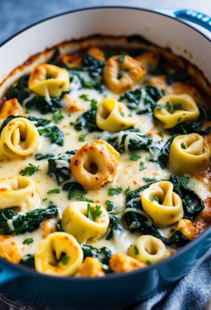 A casserole dish containing tortellini pasta, spinach, and melted cheese, garnished with parsley.