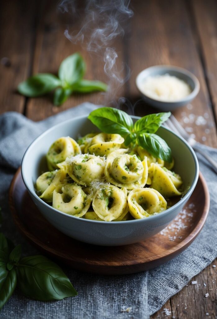 A bowl of steaming tortellini garnished with basil and herbs, served on a wooden plate with a small bowl of grated cheese nearby.