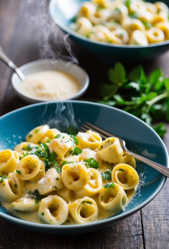 Steaming bowls of tortellini pasta with grated cheese and parsley garnish, accompanied by a side dish of grated cheese on a wooden table.