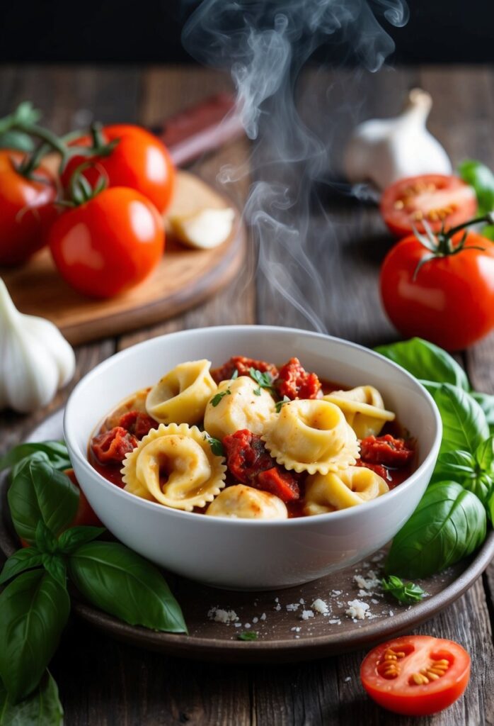 A bowl of steaming tortellini with tomato sauce, surrounded by fresh tomatoes, basil, and garlic on a wooden table.