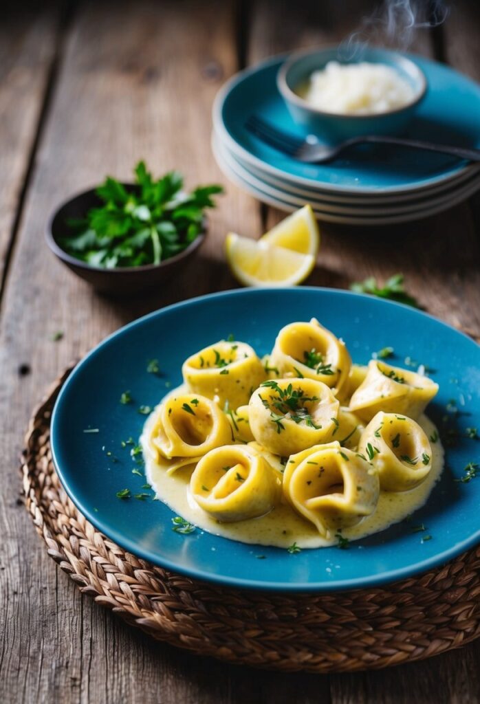 A blue plate of tortellini in yellow sauce, garnished with herbs, sits on a wooden table. Lemon wedges and parsley are in the background.