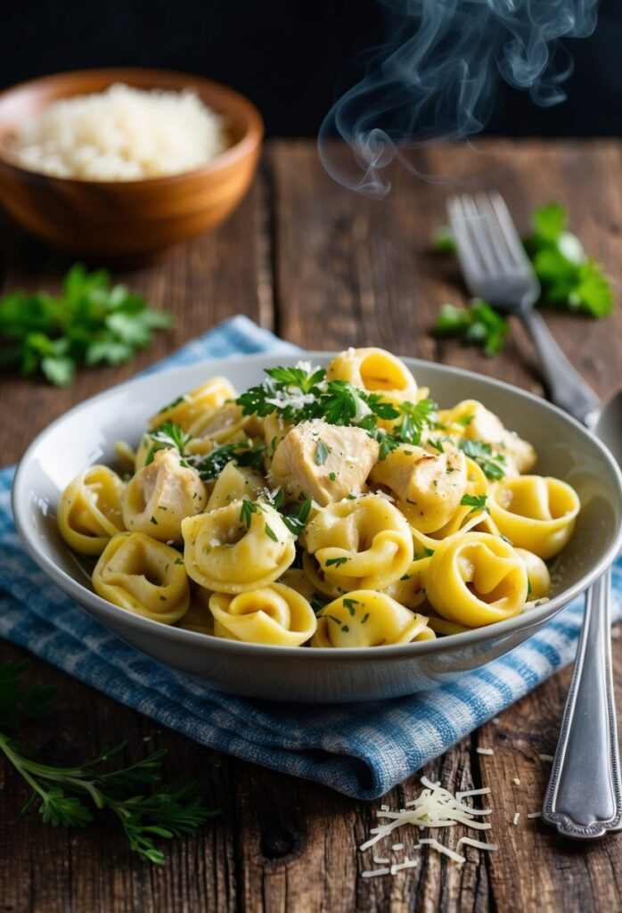 A bowl of tortellini topped with chunks of chicken and parsley on a wooden table, with steam rising and a fork beside the bowl. A bowl of grated cheese is in the background.