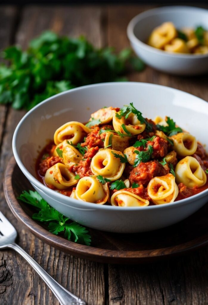 A bowl of tortellini with tomato sauce and fresh parsley garnish, placed on a wooden table. Another bowl and a bunch of parsley are in the background. A fork is on the left.