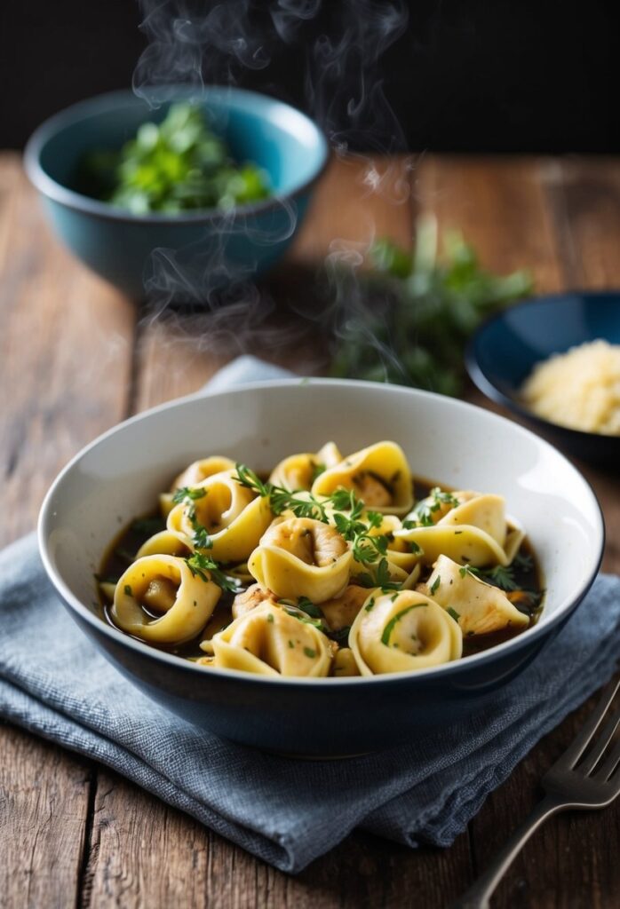 Steaming bowl of tortellini soup garnished with fresh herbs, placed on a gray napkin on a wooden table. Two bowls with greens and cheese are in the background.