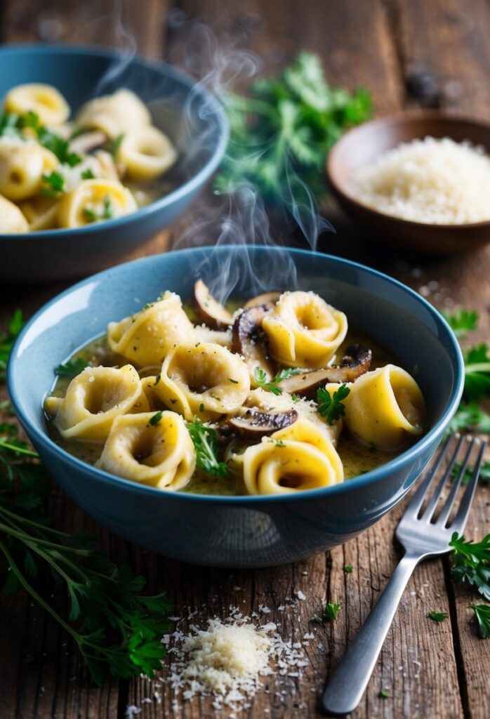 A steaming bowl of tortellini soup, garnished with slices of mushrooms and fresh parsley, sits on a wooden table. A fork lies next to the bowl, with a small dish of grated cheese beside it.