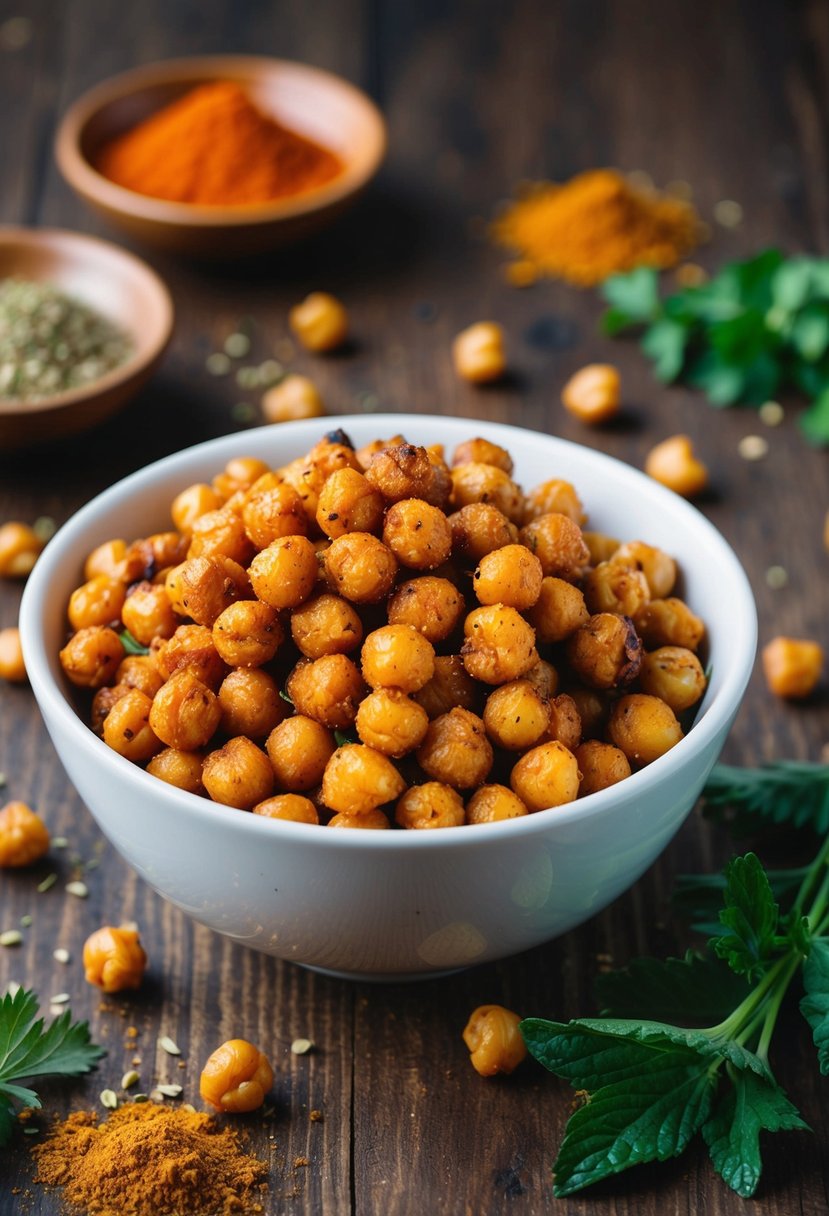 A bowl of spiced roasted chickpeas on a wooden table with scattered spices and herbs around it