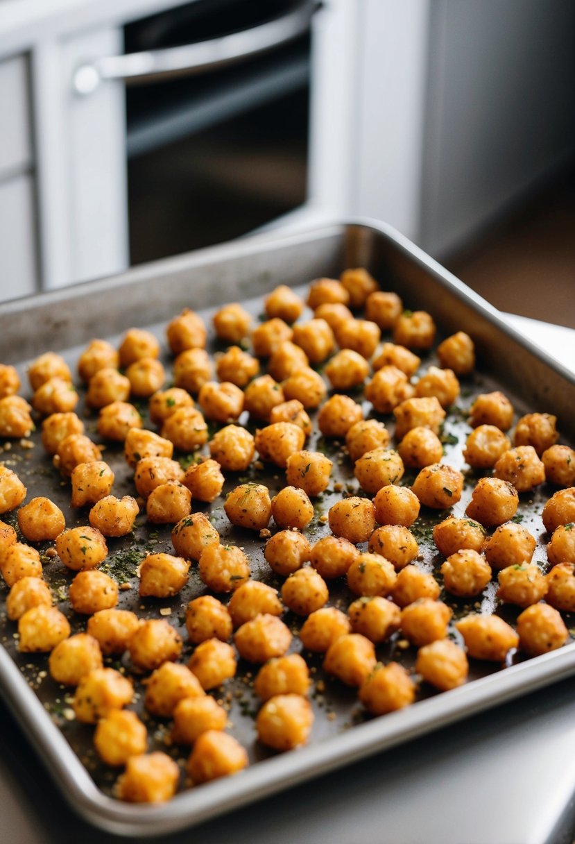 A baking sheet filled with golden, crispy chickpeas coated in garlic and herb seasoning, fresh out of the oven