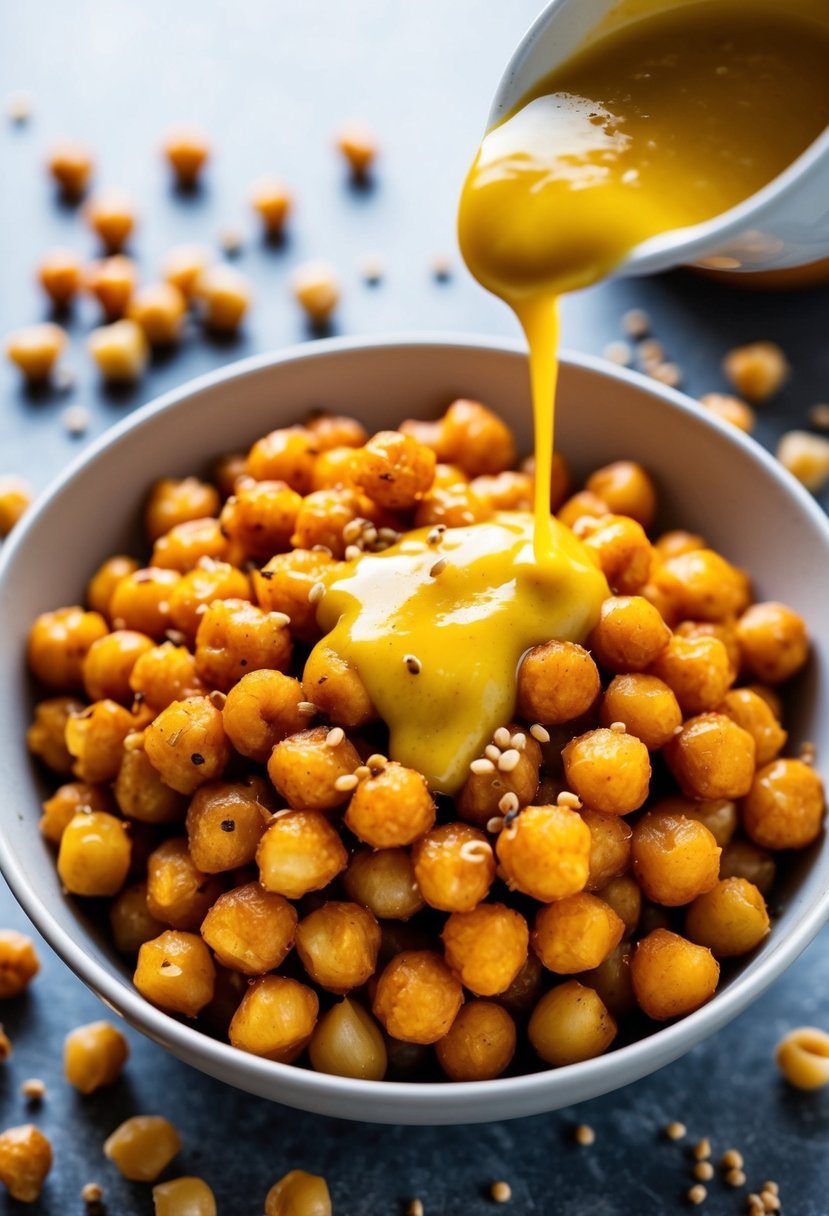 A bowl of golden roasted chickpeas drizzled with honey mustard sauce, surrounded by scattered chickpeas and a few mustard seeds