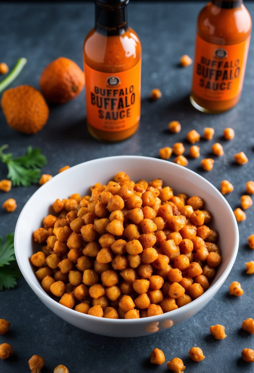 A bowl of buffalo roasted chickpeas surrounded by scattered chickpeas and a few whole buffalo sauce bottles