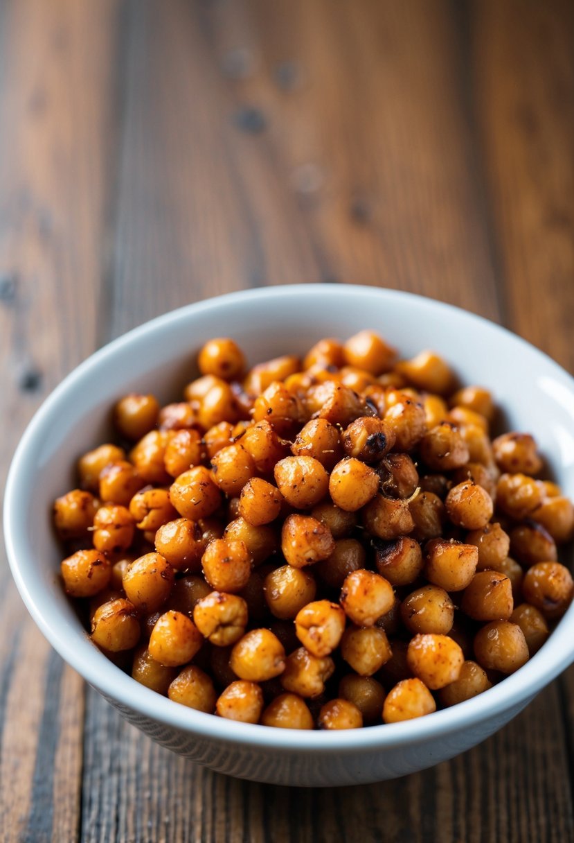 A bowl of roasted chickpeas with BBQ seasoning on a wooden table