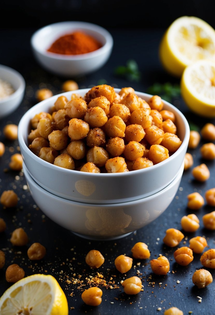 A bowl of roasted chickpeas sprinkled with lemon and paprika, surrounded by scattered ingredients