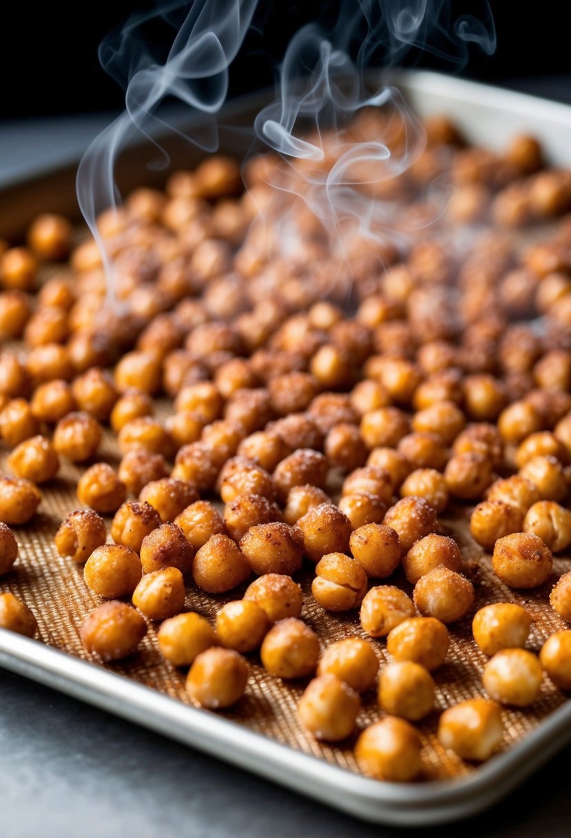 Golden chickpeas coated in cinnamon sugar, scattered on a baking tray. Aromatic steam rises from the warm, roasted beans