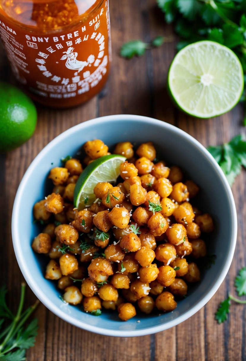 A bowl of roasted chickpeas coated in Sriracha and lime, with a sprinkle of herbs on a wooden table