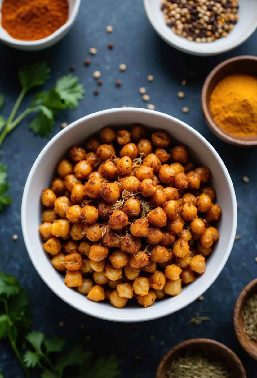 A bowl of roasted chickpeas seasoned with garam masala, surrounded by spices and ingredients