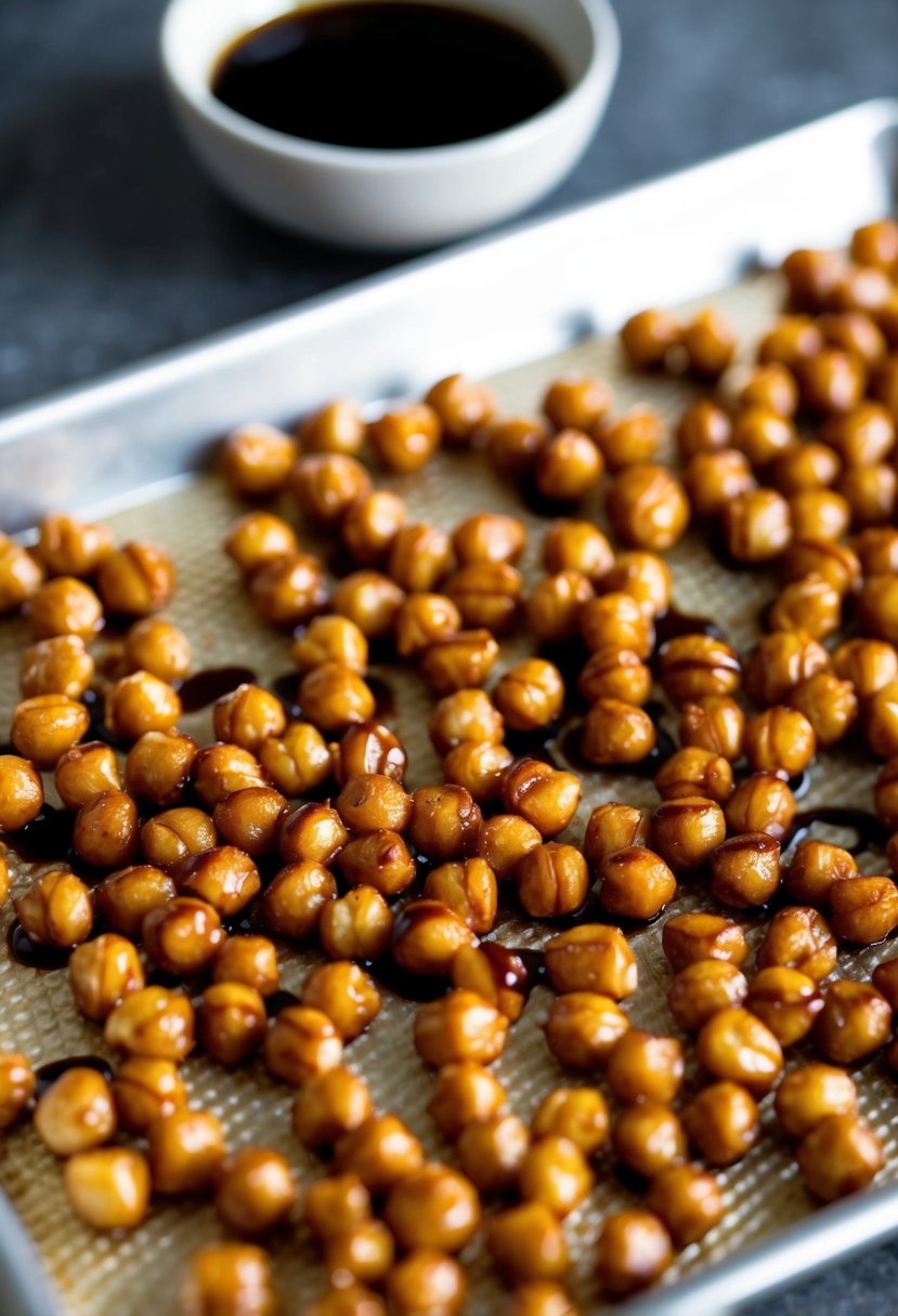 Roasted chickpeas coated in maple balsamic glaze on a baking sheet