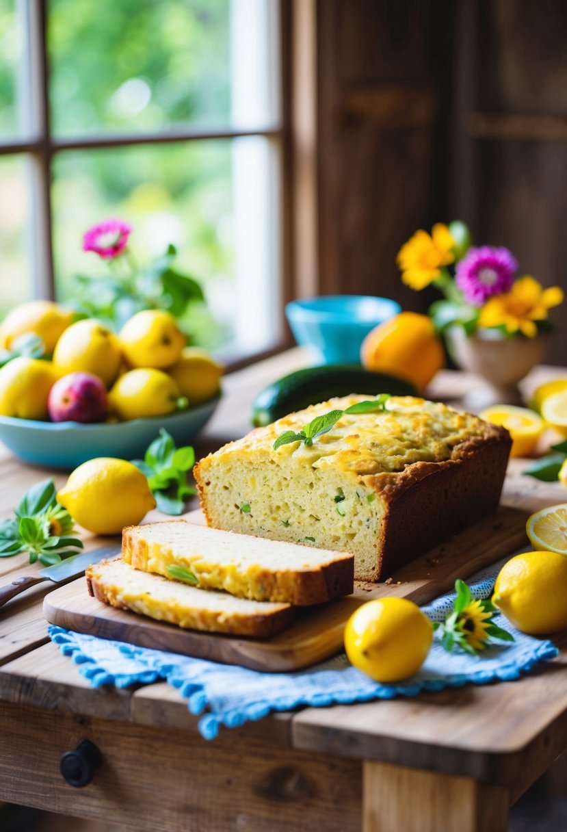 A rustic kitchen scene with a wooden table covered in freshly baked lemon zucchini bread, surrounded by vibrant summer fruits and flowers