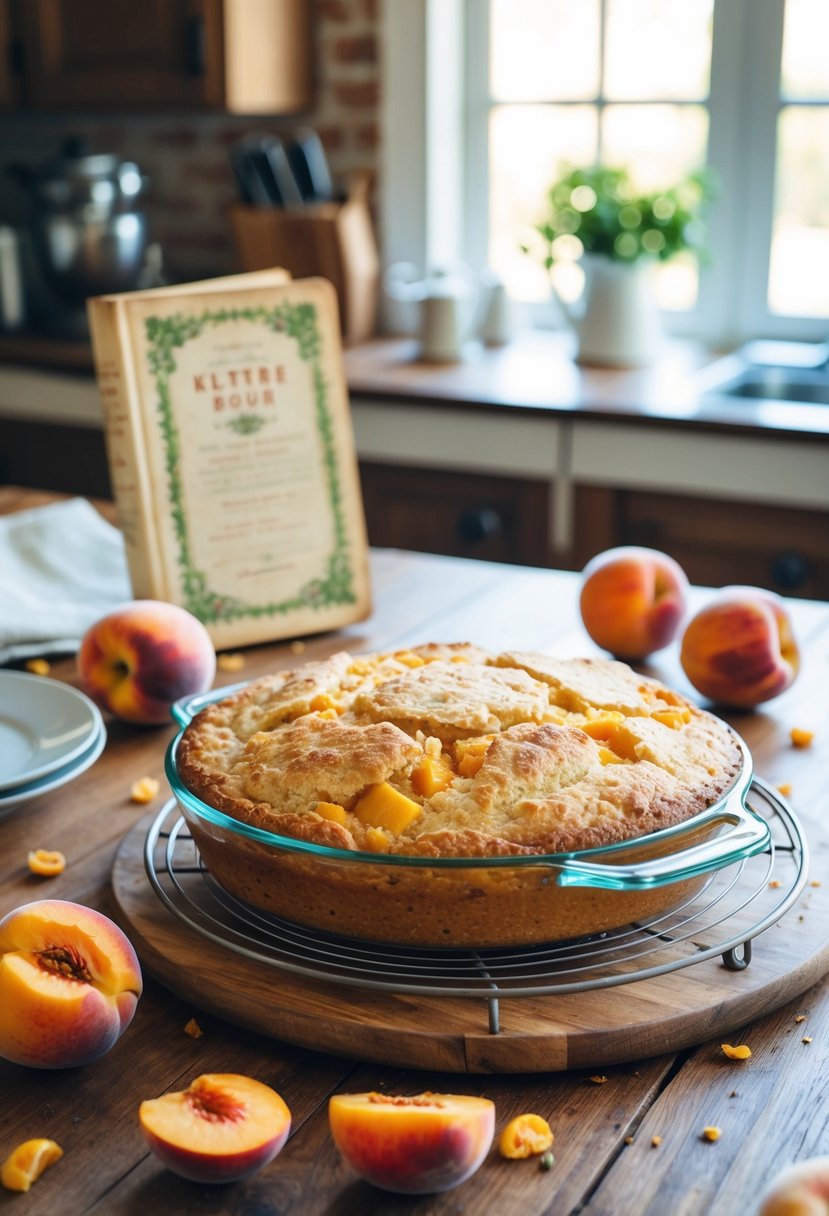 A rustic kitchen with a freshly baked peach cobbler bread cooling on a wooden table, surrounded by scattered peaches and a vintage recipe book