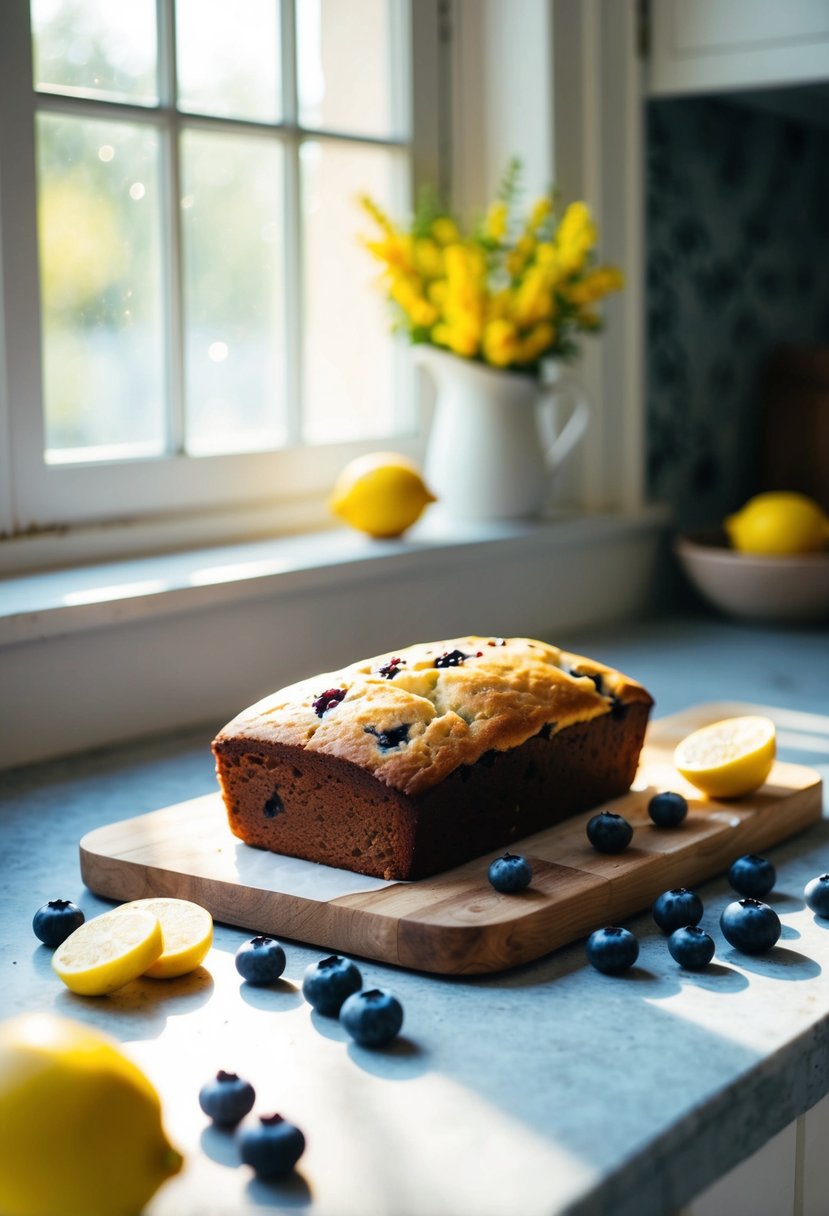 A rustic kitchen counter displays a freshly baked blueberry lemon loaf, surrounded by scattered blueberries and lemon slices. Sunlight streams through a nearby window, casting a warm glow over the scene