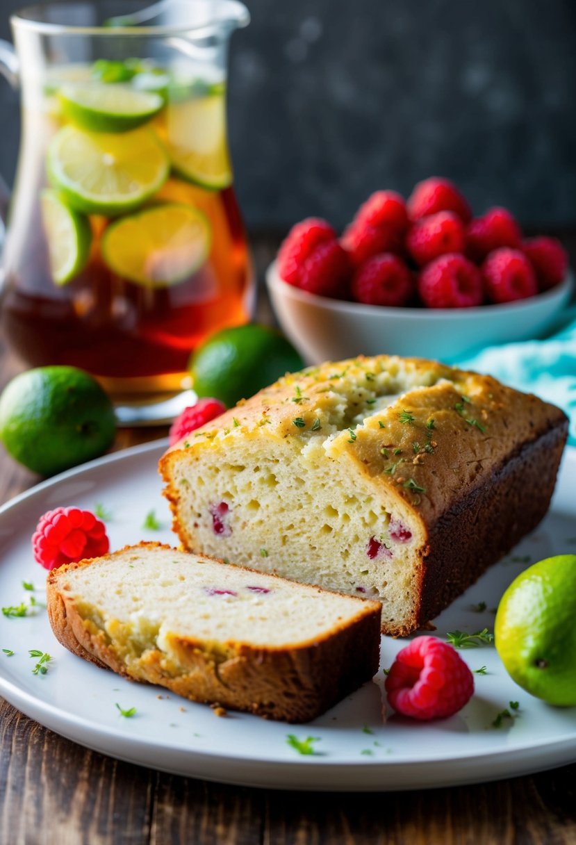 A table set with a loaf of raspberry lime tea bread, surrounded by fresh raspberries and limes, with a pitcher of iced tea in the background