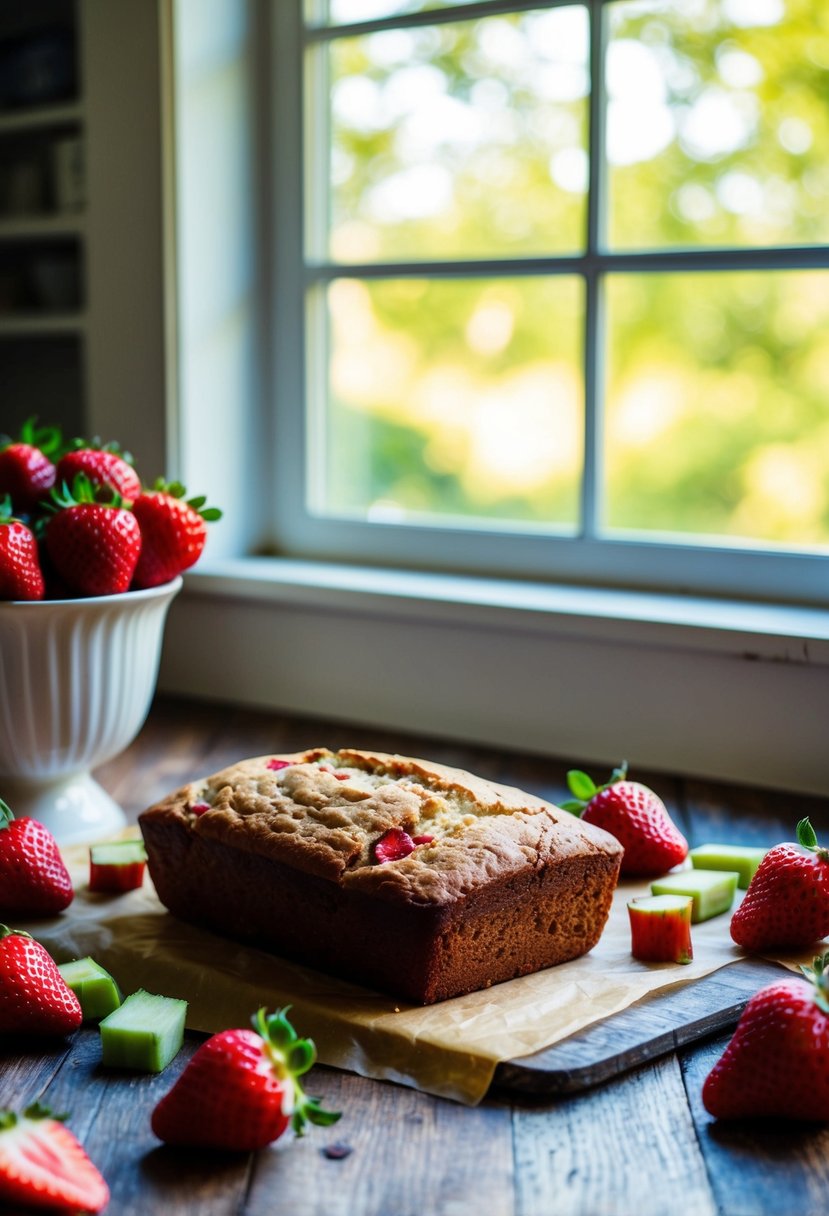 A rustic kitchen table with a loaf of strawberry rhubarb quick bread, surrounded by fresh strawberries and rhubarb. Sunlight streams in through a nearby window, casting a warm glow on the scene