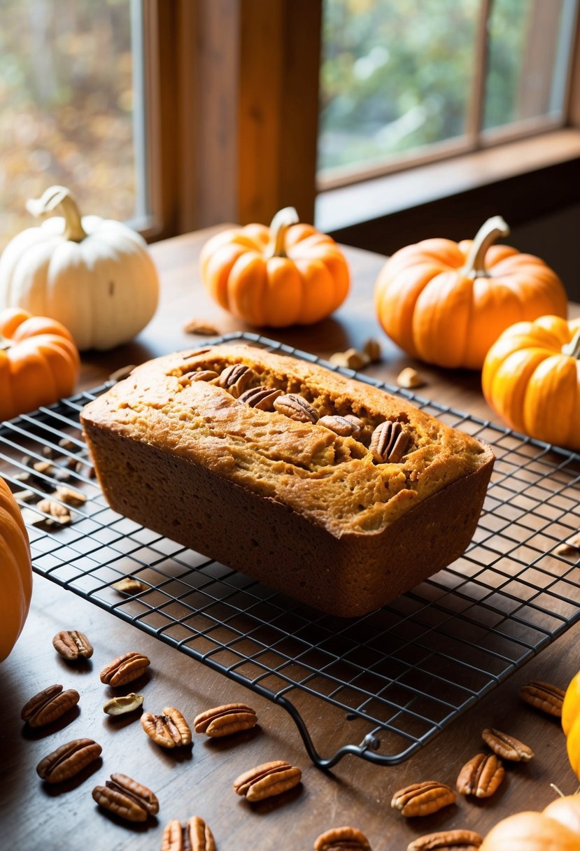 A loaf of pumpkin pecan bread cooling on a wire rack, surrounded by scattered pecans and a few fresh pumpkins. Sunlight streams through a nearby window, casting warm shadows on the scene