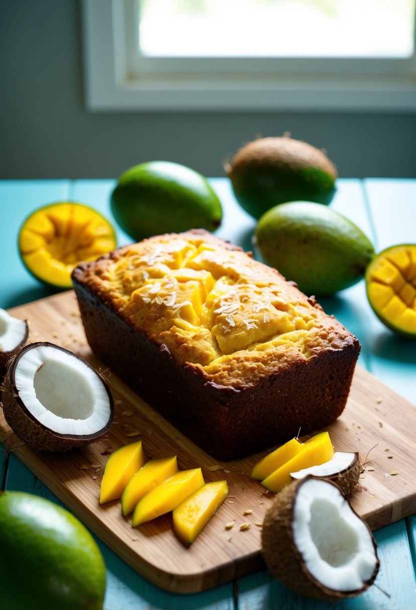 A loaf of mango coconut bread surrounded by fresh mangoes and coconuts on a wooden cutting board. Sunlight streams in from a nearby window