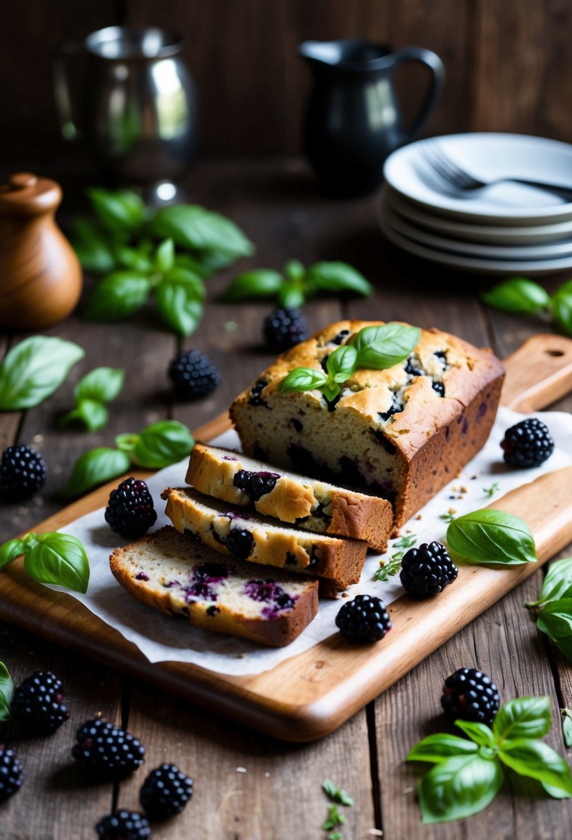 A rustic kitchen scene with a wooden table topped with freshly baked blackberry basil bread, surrounded by scattered basil leaves and ripe blackberries