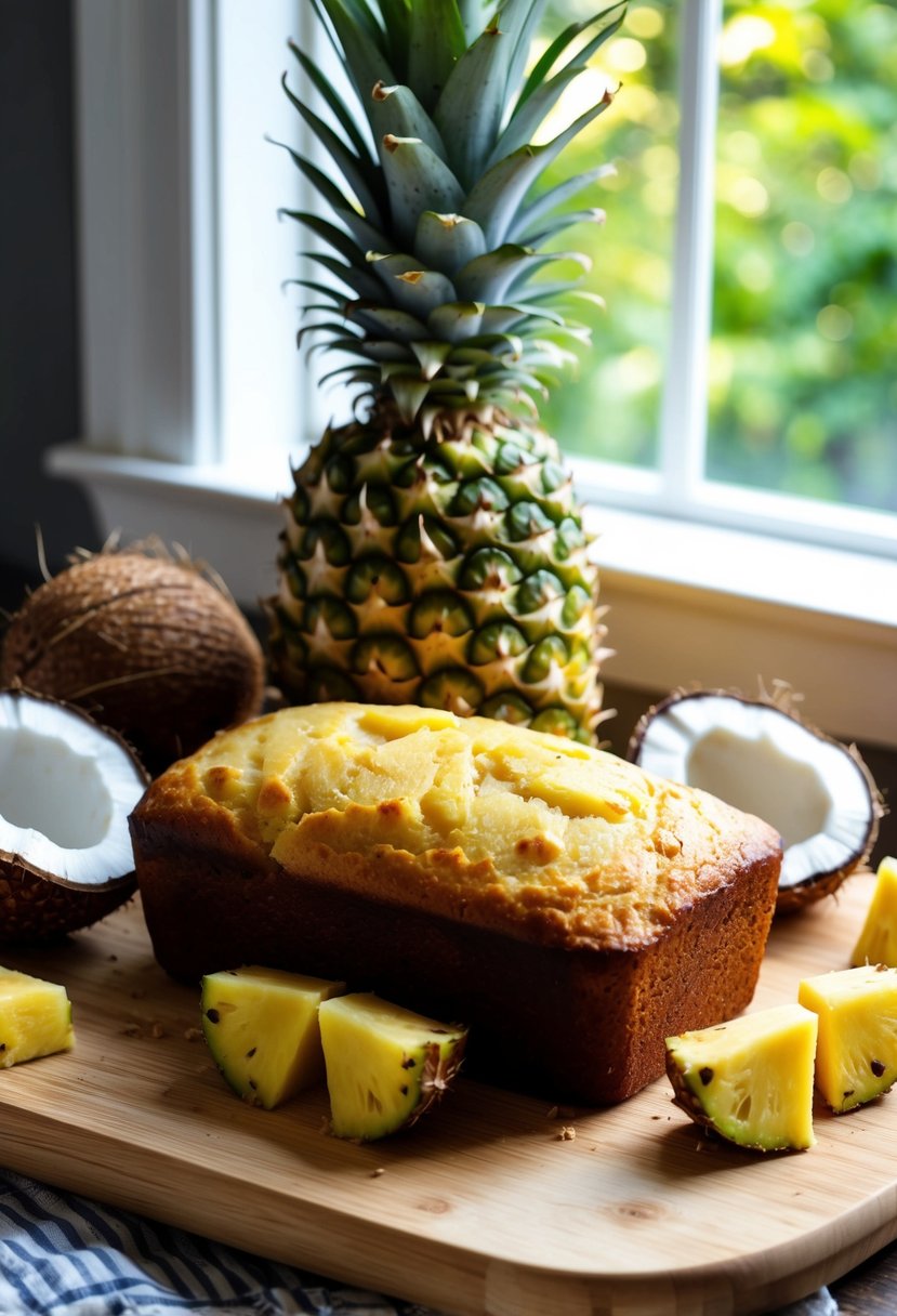 A loaf of pineapple coconut bread surrounded by fresh pineapples and coconuts on a wooden cutting board. Sunlight streams in from a nearby window