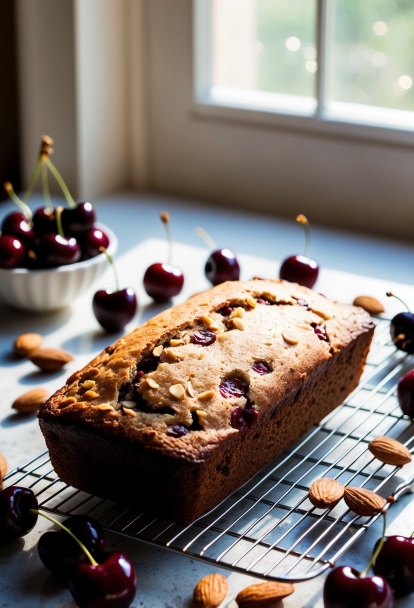 A loaf of cherry almond bread cooling on a wire rack, surrounded by fresh cherries and almonds. Sunlight streams through a nearby window, casting a warm glow on the scene