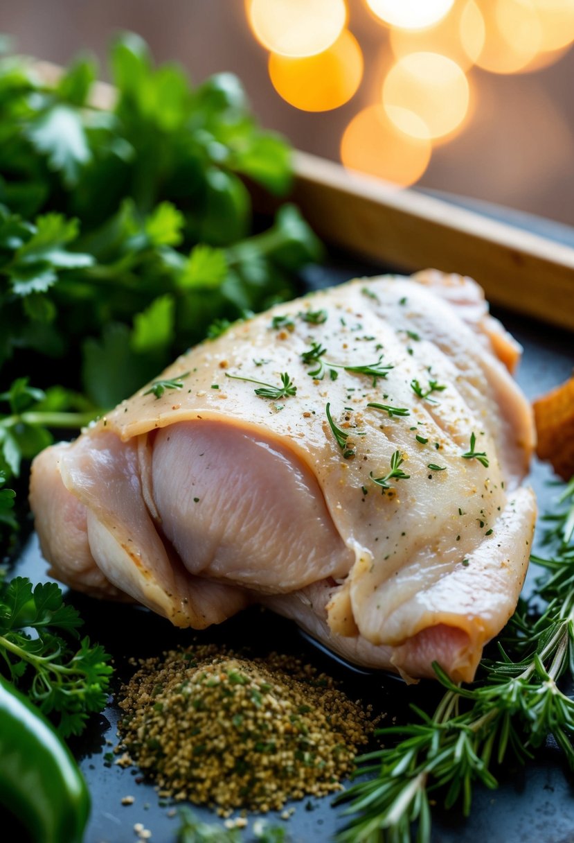 A boneless, skinless chicken thigh surrounded by fresh herbs and spices, ready to be cooked