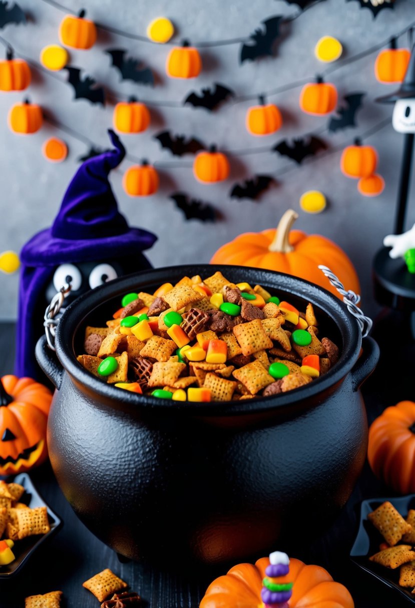 A cauldron overflowing with colorful Chex mix, surrounded by spooky decorations and Halloween-themed treats