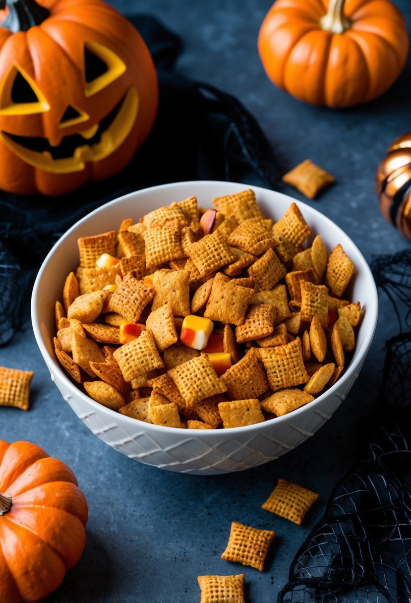 A bowl of Pumpkin Spice Chex Mix surrounded by Halloween-themed decorations