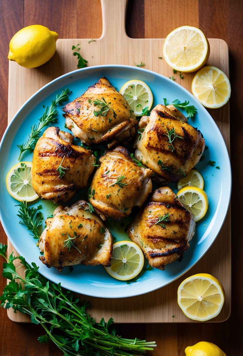 A plate of grilled chicken thighs surrounded by fresh herbs and lemon slices on a wooden cutting board