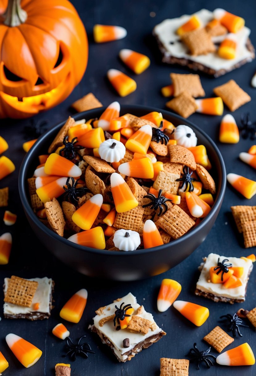 A spooky Halloween Chex Mix spread with candy corn, bark, and other festive ingredients