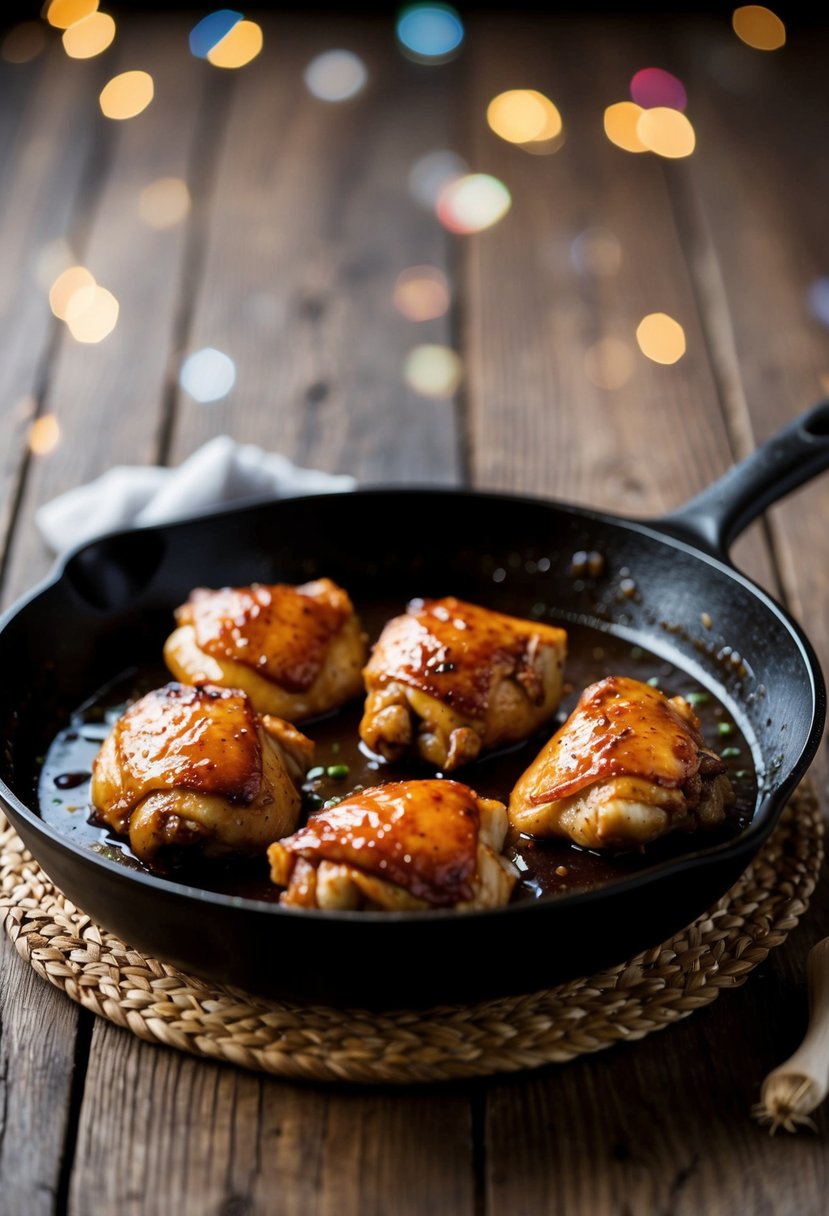 A skillet sizzling with honey garlic glazed chicken thighs