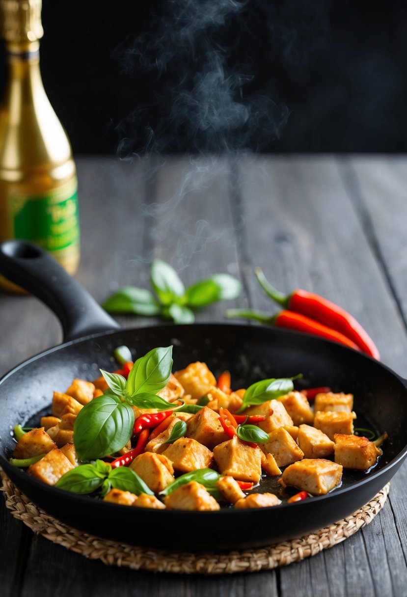 A sizzling skillet with diced chicken, Thai basil, and fiery red chilies