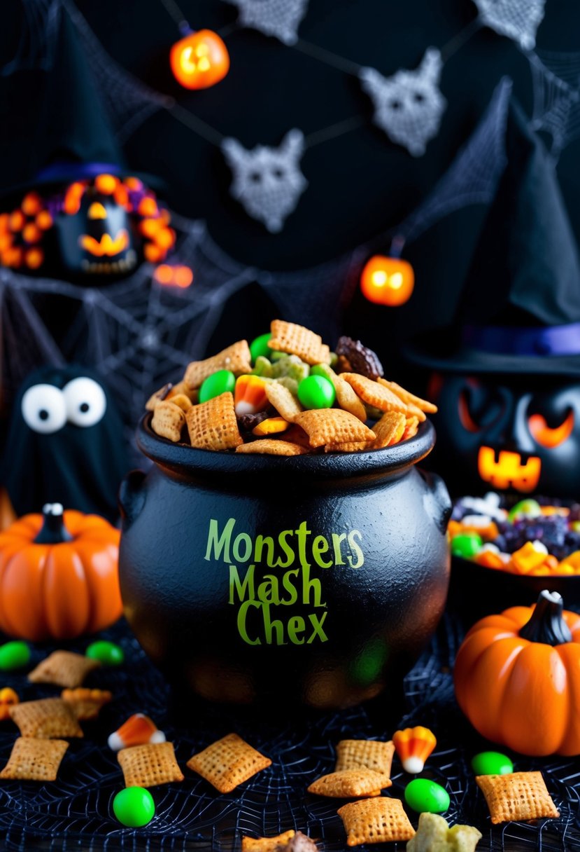 A cauldron filled with Monster Mash Chex Mix surrounded by spooky decorations and Halloween-themed treats