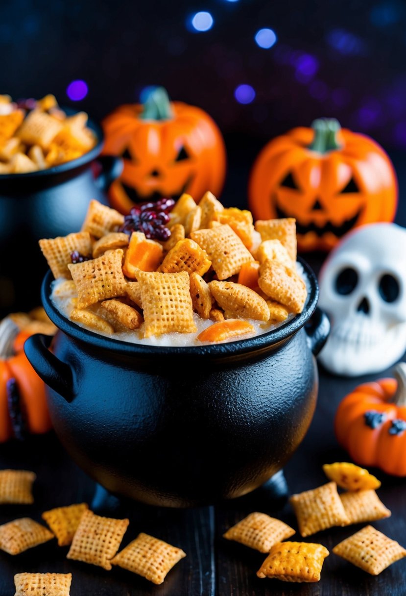 A cauldron filled with bubbling Chex Mix surrounded by creepy Halloween decorations