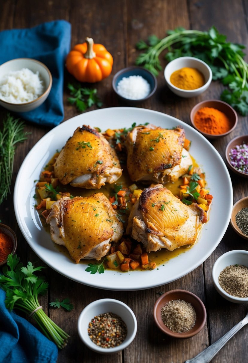 A platter of Cajun-style baked chicken thighs surrounded by colorful spices and herbs on a rustic wooden table