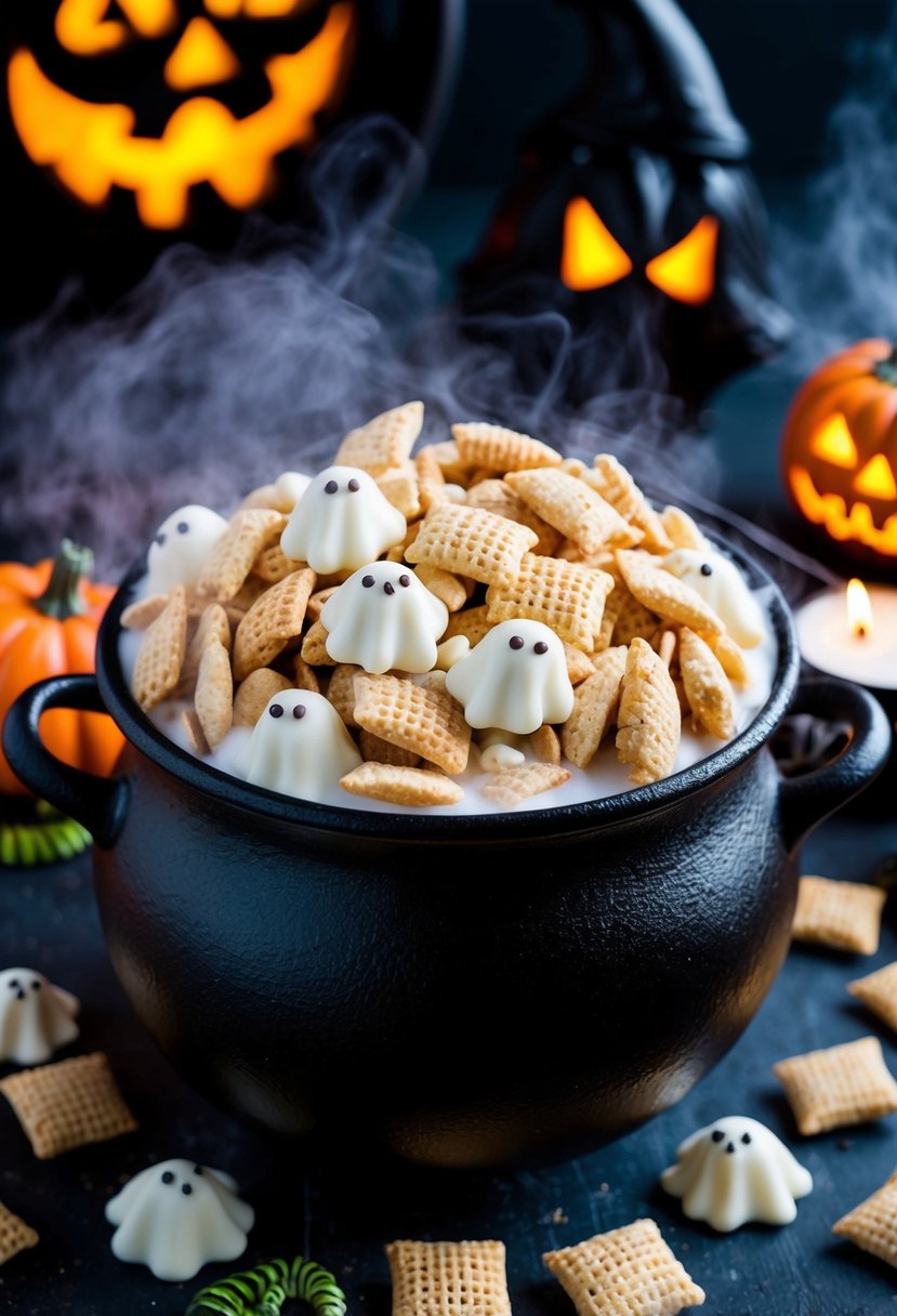 A cauldron overflowing with Ghostly White Chocolate Chex Mix, surrounded by spooky Halloween decorations and eerie mist