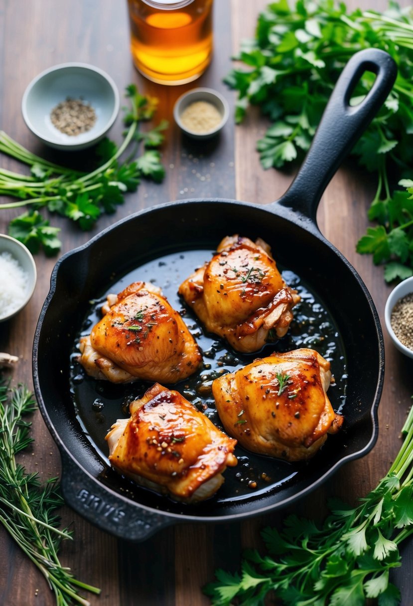 A skillet sizzling with maple soy glazed chicken thighs, surrounded by fresh herbs and spices