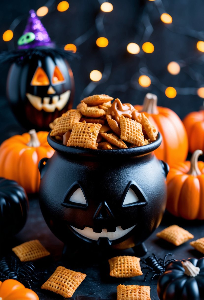 A cauldron filled with Spooky Caramel Chex Mix surrounded by Halloween decorations