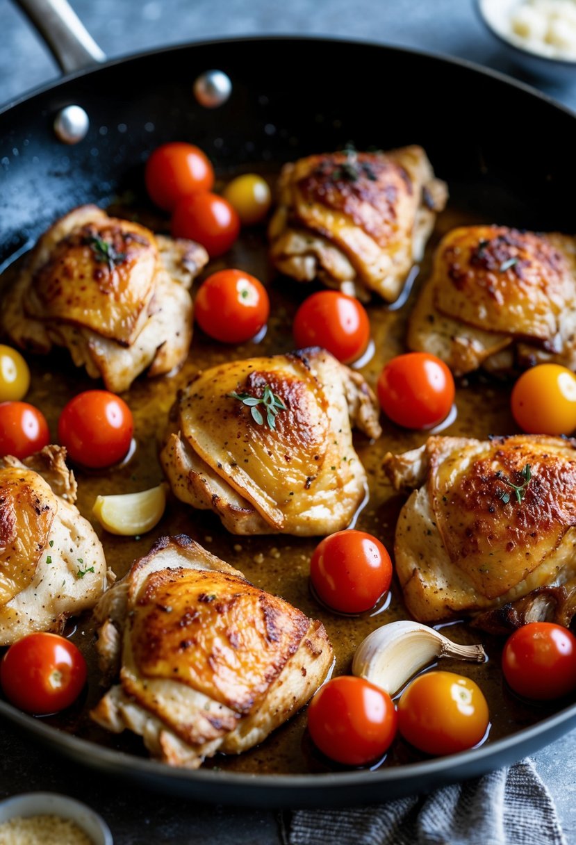 A sizzling skillet with golden-brown chicken thighs, cherry tomatoes, and fragrant garlic, evoking the flavors of Tuscan cuisine