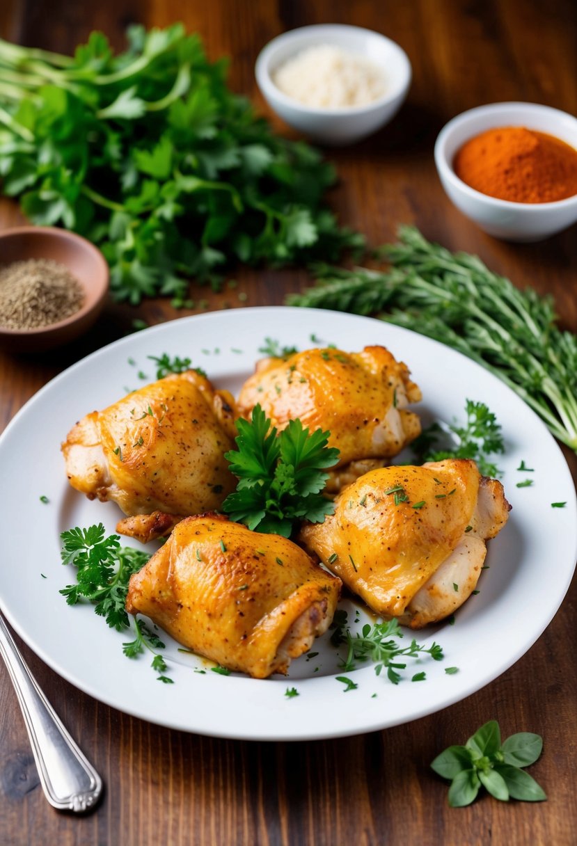 A plate of buffalo ranch chicken thighs surrounded by fresh herbs and spices