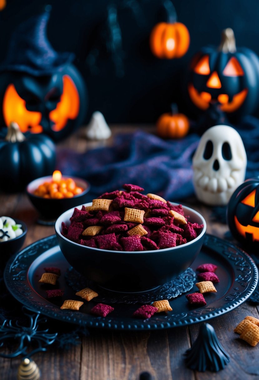 A dark and eerie kitchen table adorned with a bowl of Vampire Red Velvet Chex Mix, surrounded by spooky Halloween decorations