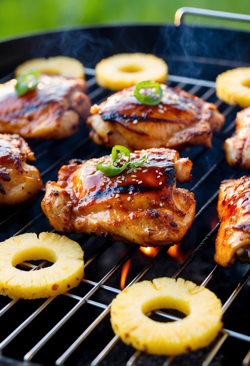 Teriyaki chicken thighs grilling on a barbecue with pineapple slices