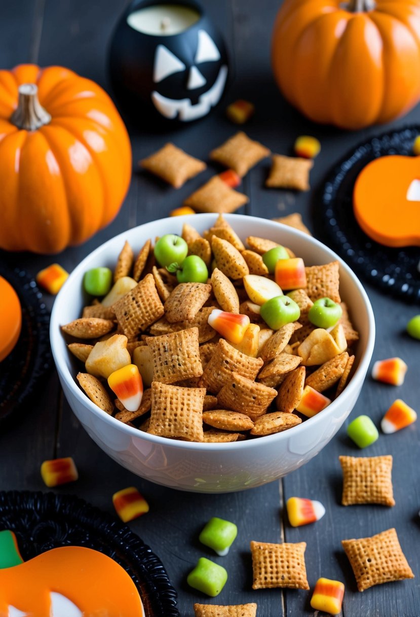 A bowl of Harvest Apple Chex Mix surrounded by Halloween decorations