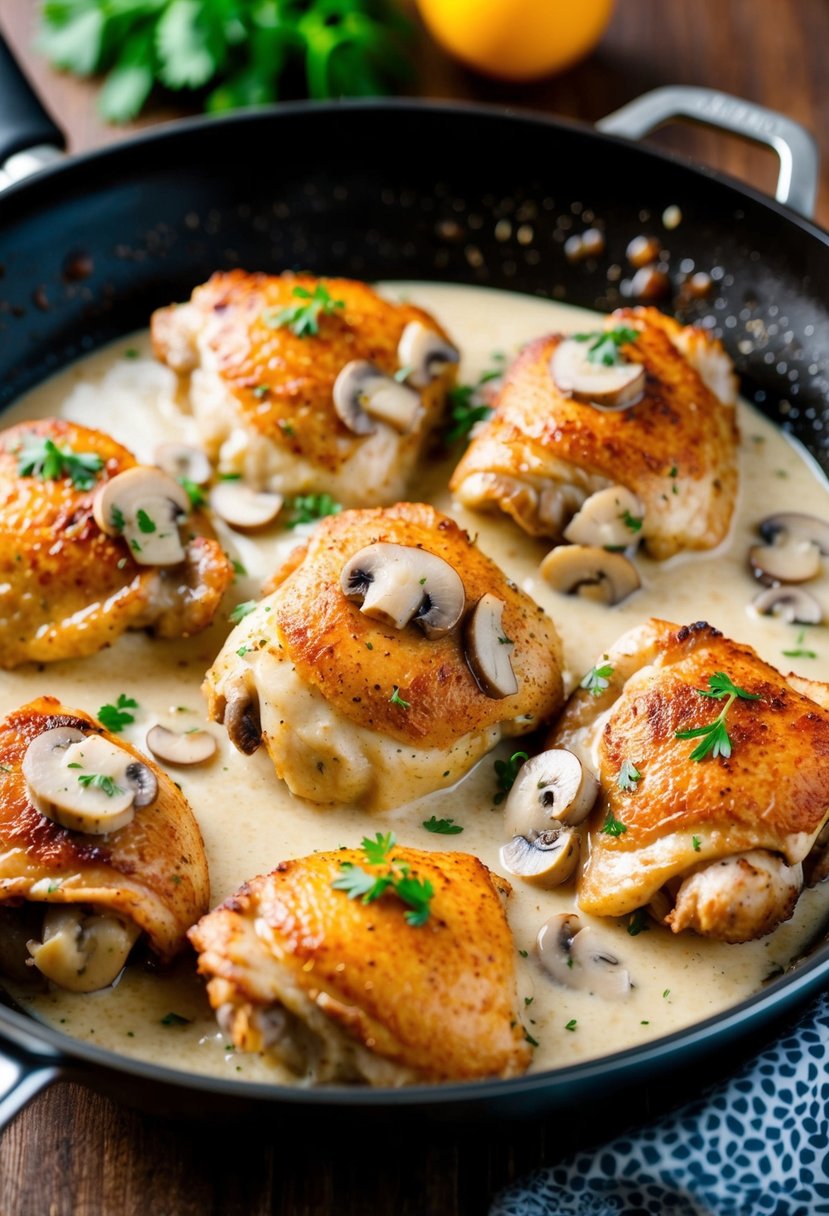 A skillet sizzling with creamy mushroom sauce coating golden-brown chicken thighs