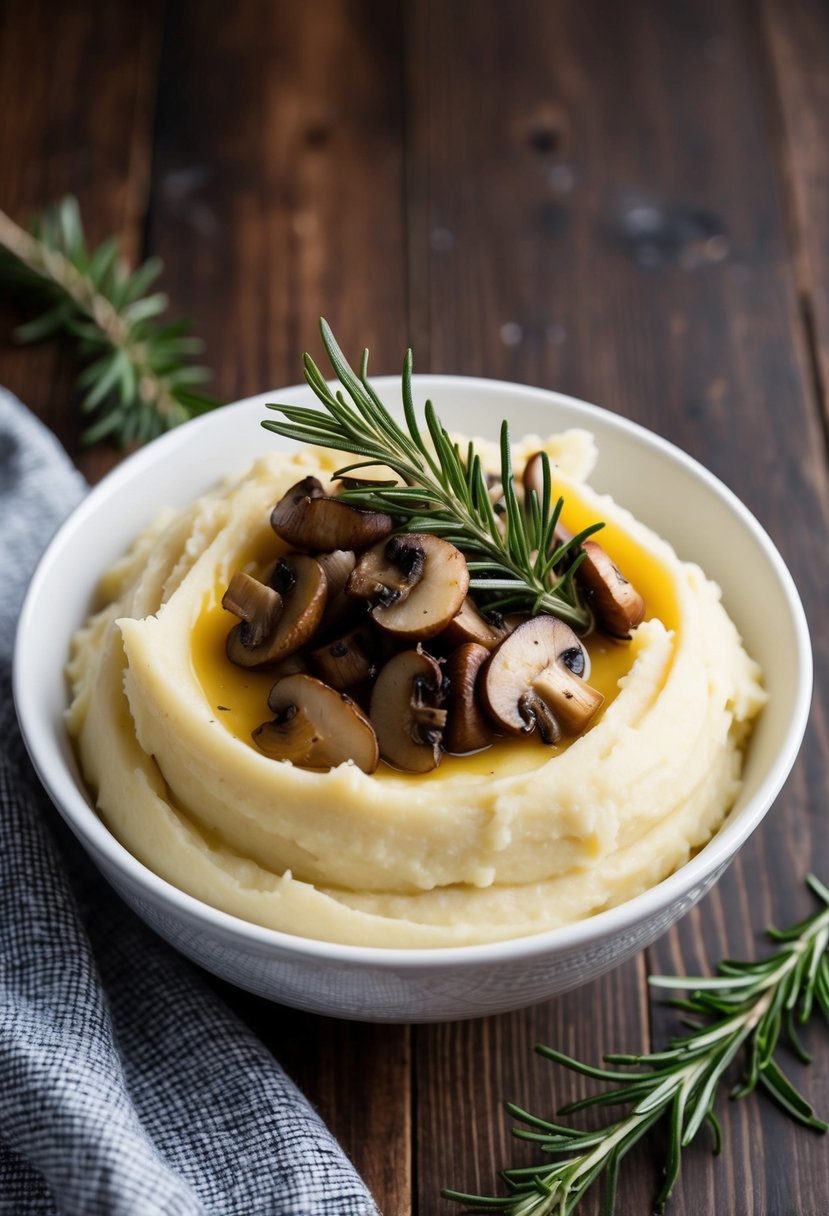 A bowl of creamy mashed potatoes topped with sautéed mushrooms and fresh rosemary